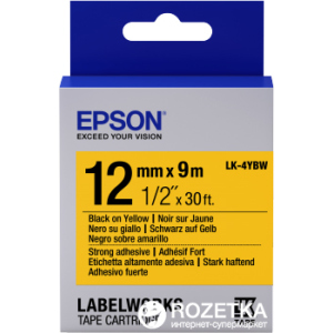 Картридж зі стрічкою Epson LabelWorks LK4YBW9 Strong Adhesive 12 мм 9 м Black/Yellow (C53S654014) краща модель в Дніпрі