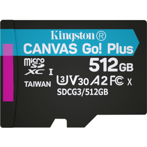 Kingston MicroSDXC 512 ГБ Canvas Go! Plus Class 10 UHS-I U3 V30 A2 (SDCG3/512GBSP) краща модель в Дніпрі