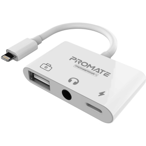 Адаптер Promate MediaBridge-i Lightning/USB 3.0 OTG+AUX 3.5 мм+10 Вт Lightning-in White (mediabridge-i.white) ТОП в Дніпрі