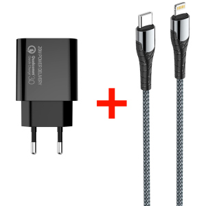 Мережевий зарядний пристрій СolorWay Power Delivery USB Type-C (20W) V2 + Кабель Type-C-Apple Lightning (PD 30W) 3.0А 1 м (CW-CHS026PD-BK/CBPDCL033-GR) в Дніпрі