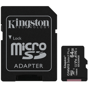 Kingston microSDXC 64GB Canvas Select Plus Class 10 UHS-I U1 V10 A1 + SD-адаптер (SDCS2/64GB) надежный