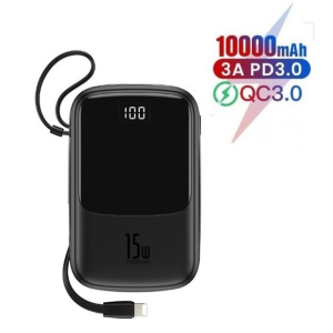 Павербанк Baseus 15W Q Pow Display Fast Charge 10000mAh + кабель Lightning для iPhone/iPad/Samsung/Xiaomi/Huawei black