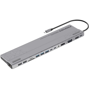 Док-станція 15-в-1 Promate BaseLink-Pro USB-C PD/HDMI/VGA/DisplayPort/3xUSB 3.1/2xUSB-C 3.1/2xUSB 2.0/RJ45/SD/MicroSD/AUX 3.5 mm Gray (baselink-pro.black) в Дніпрі