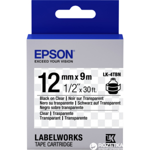 Картридж зі стрічкою Epson LabelWorks LK4TBN 12 мм / 9 м Black/Clear (C53S654012) краща модель в Дніпрі