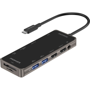 USB-C хаб 11-в-1 Promate PrimeHub-Pro USB-C PD/HDMI/VGA/2xUSB 3.0/2xUSB 2.0/RJ45/SD/MicroSD/AUX 3.5 мм Сірий (primehub-pro.grey)