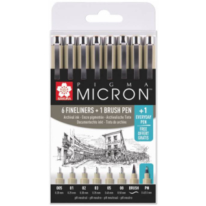 Набір лінерів Sakura Pigma Micron 6 шт 1 лінер-пензель Pigma Brush + Pigma Micron PN в подарунок в Дніпрі