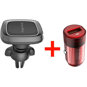 Автотримач для телефону магнітний ColorWay Air Vent-2 Gray + Автомобільне ЗУ 1USB QC 3.0 (18W) Red (CW-CHM05-GR/CHA012Q-RD)