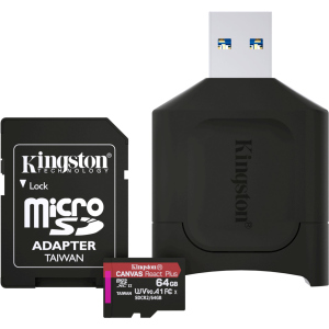 Kingston MicroSDXC 64GB Canvas React Plus Class 10 UHS-II U3 ​​​​V90 A1 + SD-адаптер + USB-кардрідер (MLPMR2/64GB) ТОП в Дніпрі