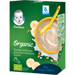 Упаковка дитячої каші Gerber Organic суха молочна швидкорозчинна органічна Пшенично-вівсяна з бананом з 6 місяців 240 г х 9 шт (7613036531504) в Дніпрі