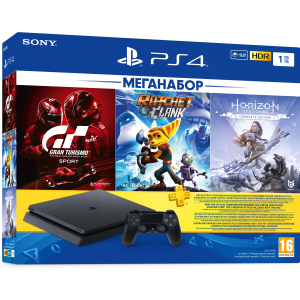 Ігрова приставка PlayStation 4 1ТБ Black у комплекті з 3 іграми та підпискою PS Plus (Ratchet &amp; Clank + Horizon Zero Dawn + Gran Turismo Sport + PS Plus 3 місяці) в Дніпрі