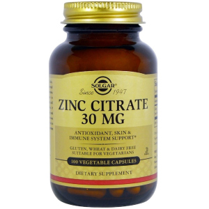 Цинк Solgar Цитрат, 30 мг, Zinc Citrate, 100 вегетарианских капсул (33984036703) лучшая модель в Днепре