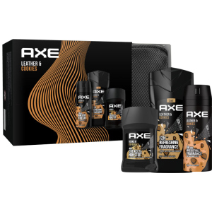 Подарунковий набір AXE Leather and Cookies Гель для душу 250 мл + Аерозоль 150 мл + Дезодорант-олівець 50 мл + Косметичка (8720182991218) краща модель в Дніпрі