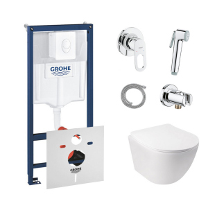 Комплект инсталляция Grohe Rapid SL 38722001 + унитаз с сиденьем Qtap Jay QT07335176W + набор для гигиенического душа со смесителем Grohe BauLoop 111042 лучшая модель в Днепре