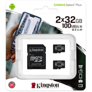 Kingston microSDHC 2х32GB Canvas Select Plus Class 10 UHS-I U1 V10 A1 + SD-адаптер (SDCS2/32GB-2P1A) в Дніпрі